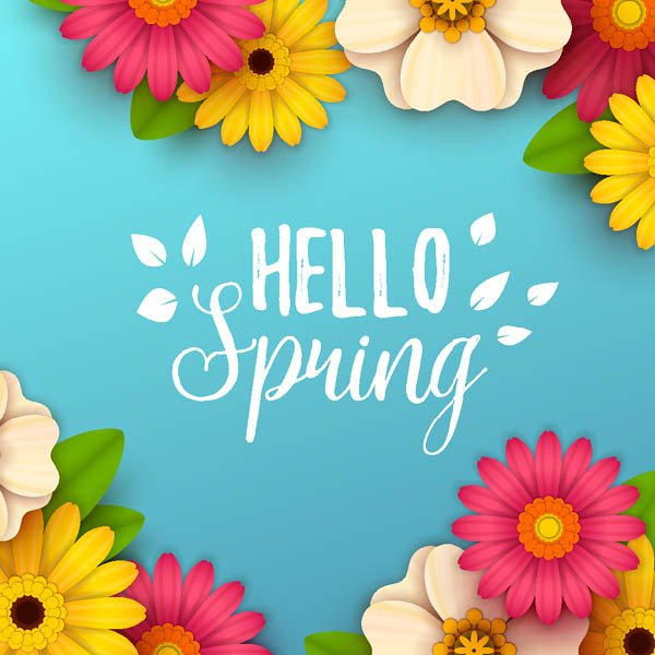 Hello Spring graphic with text and flowers