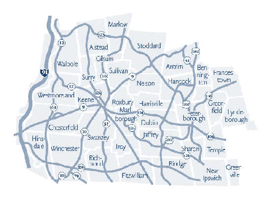 Map of south-western portion of New Hampshire, showing the names of the towns MDS serves