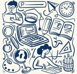 Items found in a school setting created in a sketchy style